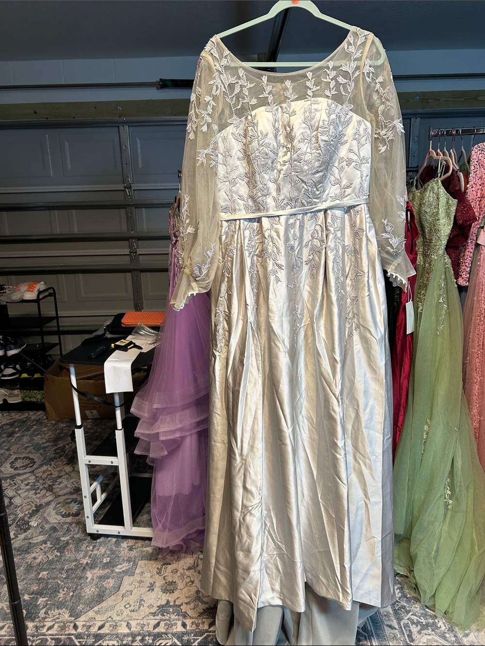 Girls Silver Floral Lace A-Line Dress